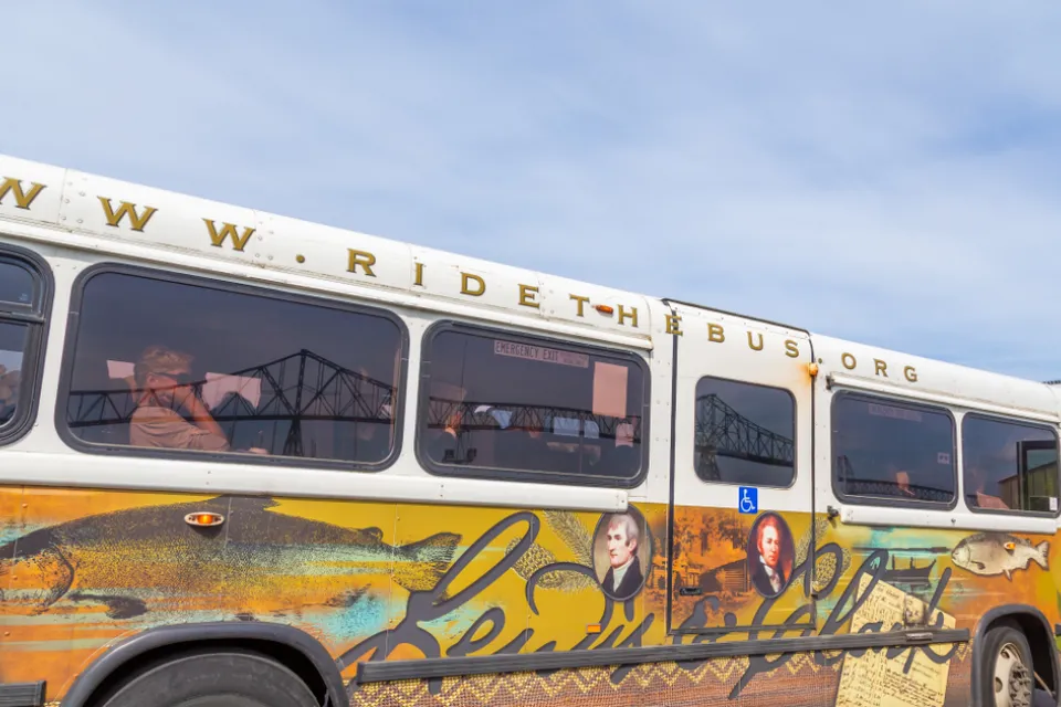 Close-up of Sunset Empire Transportation District bus in Astoria, Oregon